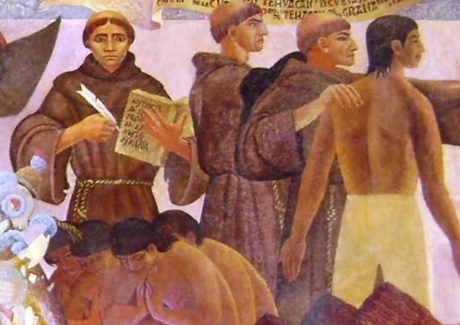détail d'icoen avec moines jésuites et indiens.