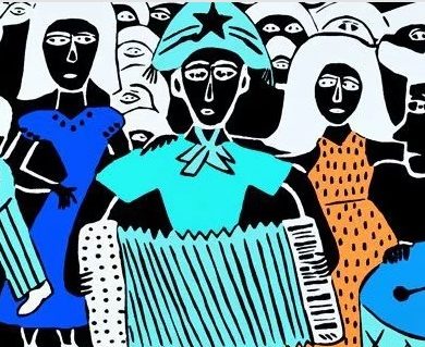 Xilographie représentant un orchestre de Forro et des danseurs dans le Nordeste du Brésil.