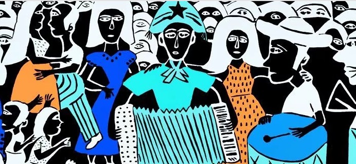 Xilographie représentant un orchestre de Forro et des danseurs dans le Nordeste du Brésil.