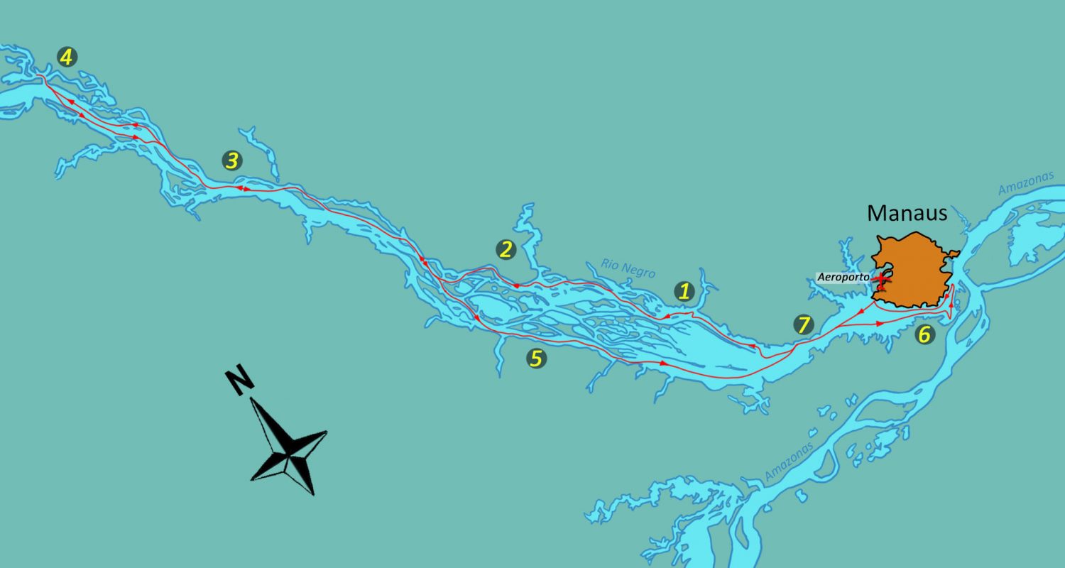 Carte présentant le trajet de la croisère Tucano de 7 jours.
