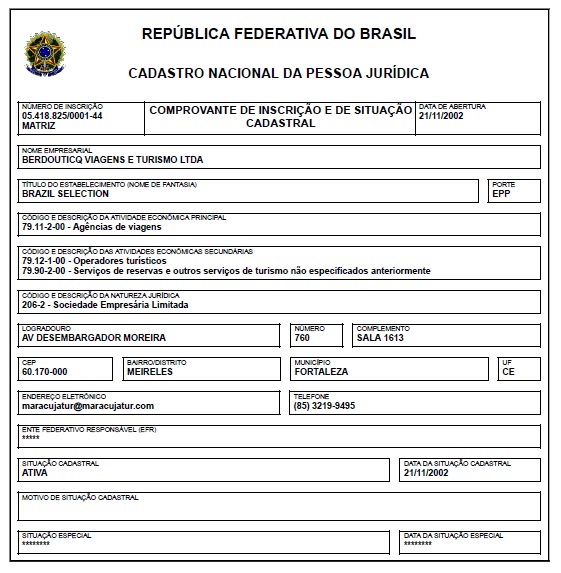 Statuts Officiels de l'entreprise Berdouticq Viagens e Turismo LTDA.